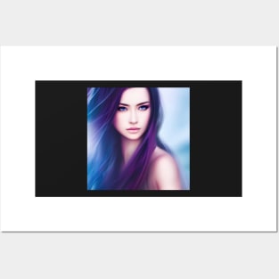 Blue-eyed Woman with Black and Purple Hair Posters and Art